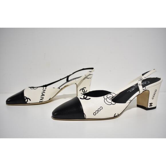 Chanel 23P Mademoiselle Coco Sling White Black CC Logo Slingback Sandal Heel 37 - Picture 10 of 12